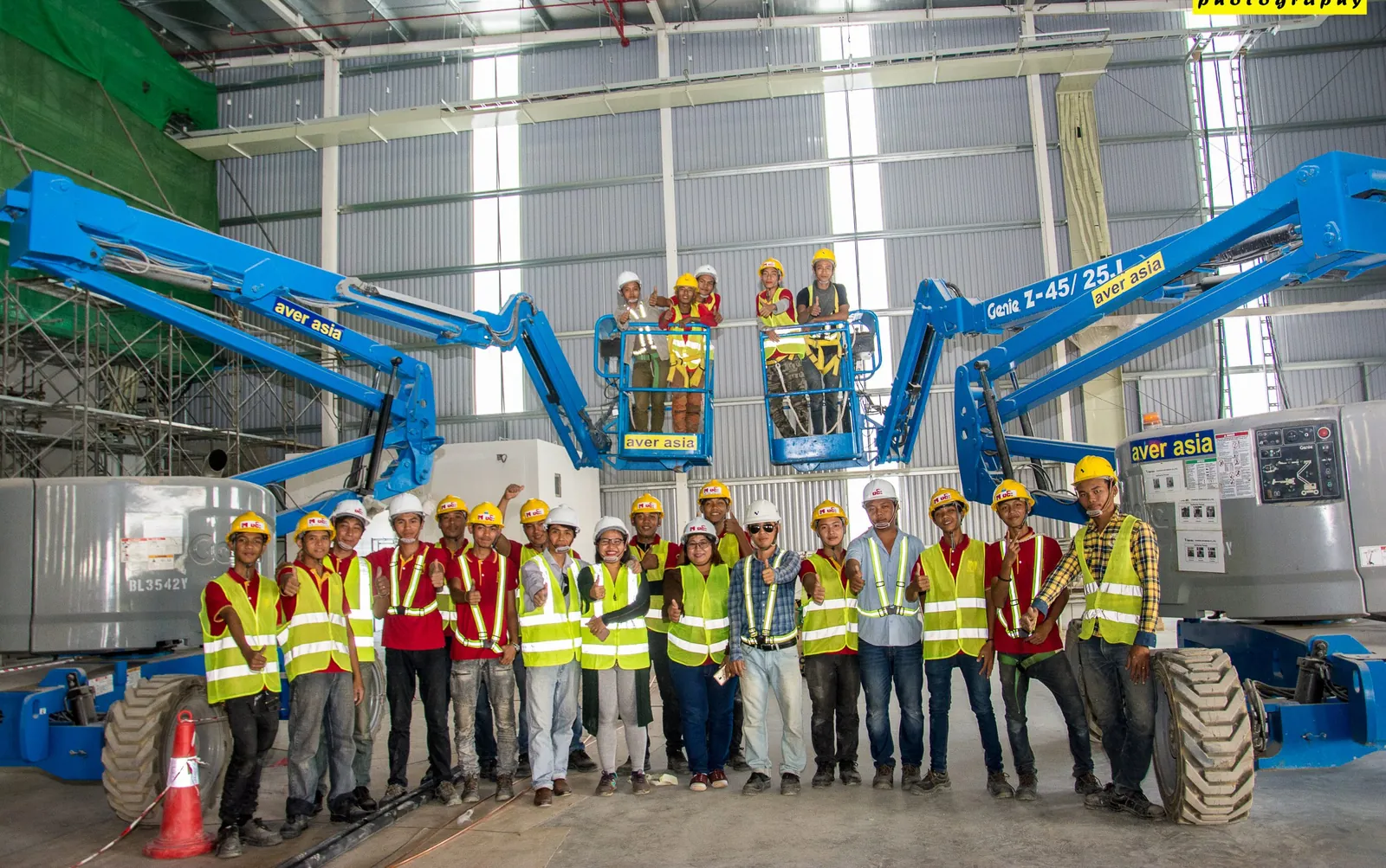 Installation crew with aerial lift platforms